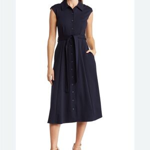 Calvin Klein Black Belted Denim Midi Dress Sleeveless Snap Front Small